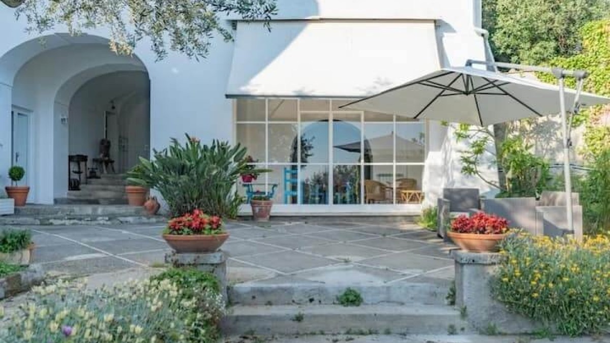 Patio with potted plants, umbrella, and arched doorway on a sunny day.