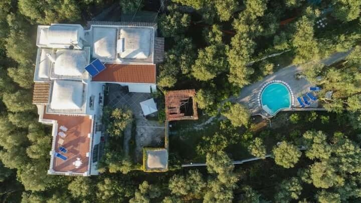 Aerial view of a villa with a pool surrounded by trees.