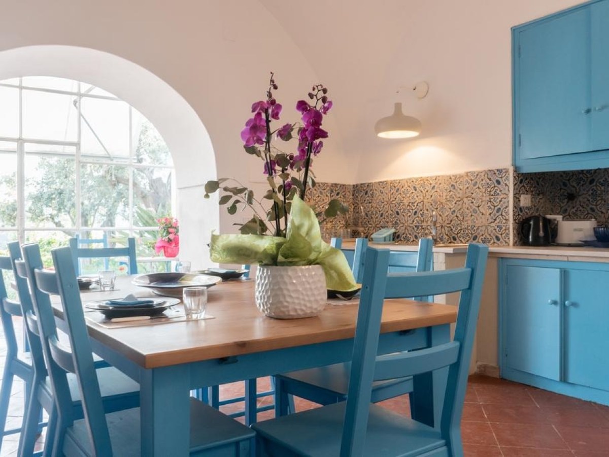 Bright kitchen with blue chairs, wooden table, and purple flowers.