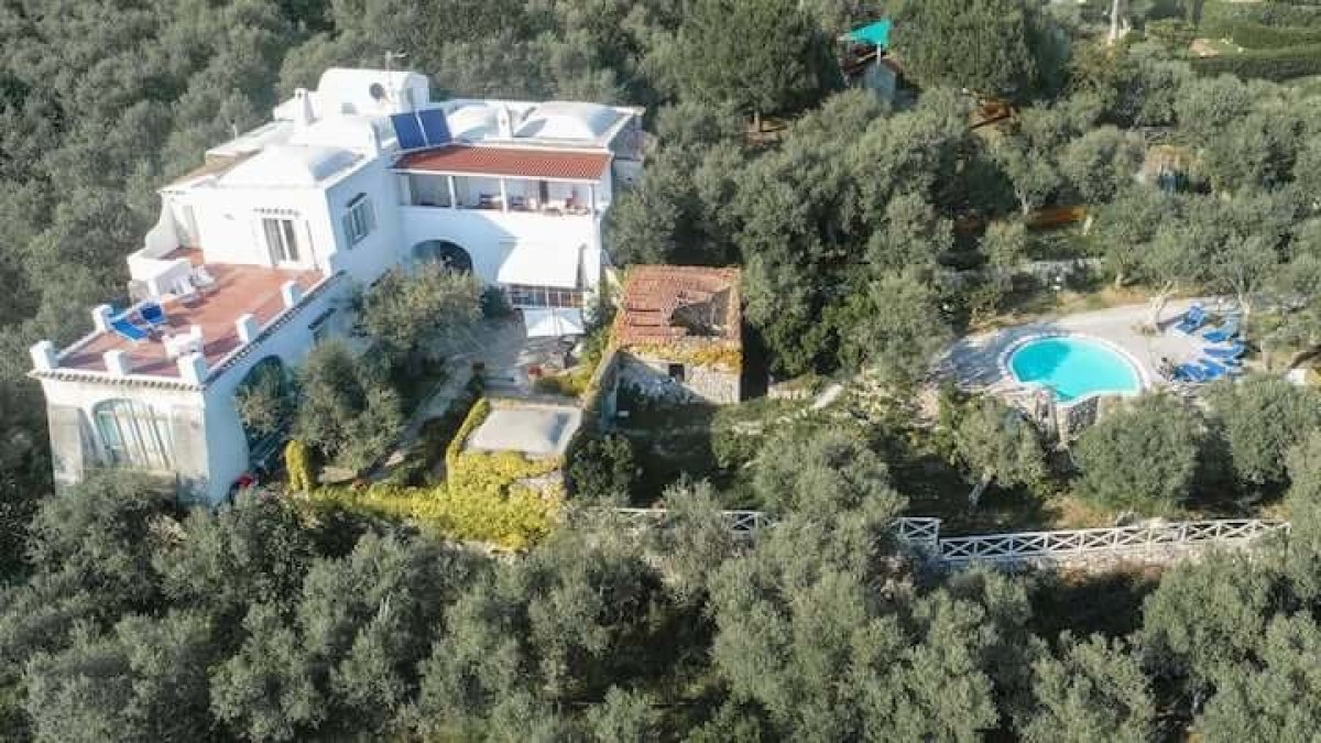 Aerial view of a white villa with a pool, surrounded by dense trees.